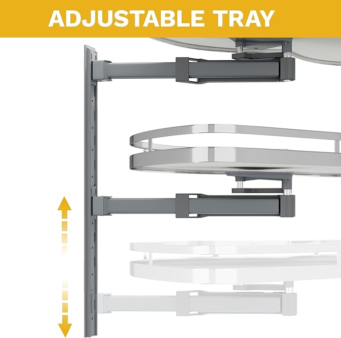 DWVO Corner Cabinet Organizer, 2-Tier Blind Corner Pull Out with 270° Rotating Shelf, Left Swing Tray, Heavy-Duty Iron, Easy-Install Template, 32.7"x17.3"x21.3", Gray