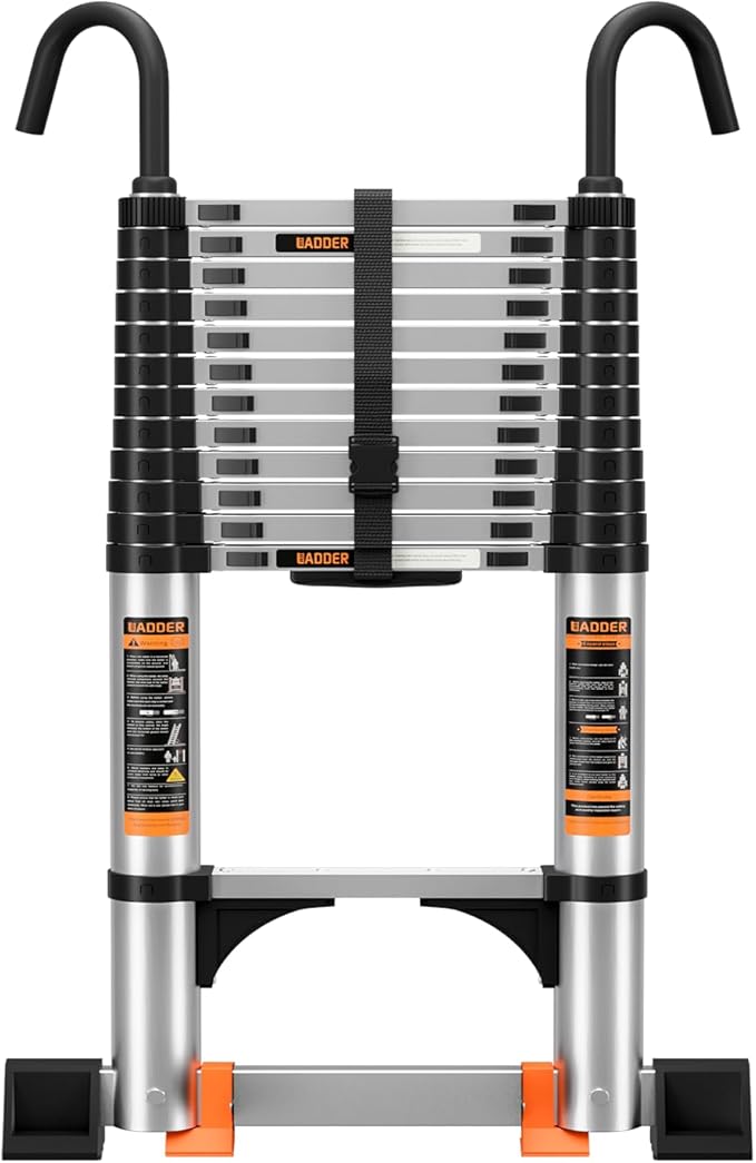 Telescoping Ladder,8.5FT Aluminum Multi-Purpose Collapsible Ladder with Stabilizers and Hooks,Jiashche Portable Extension Ladder for RV or Outdoor Work Silver,330lb Max Capacity