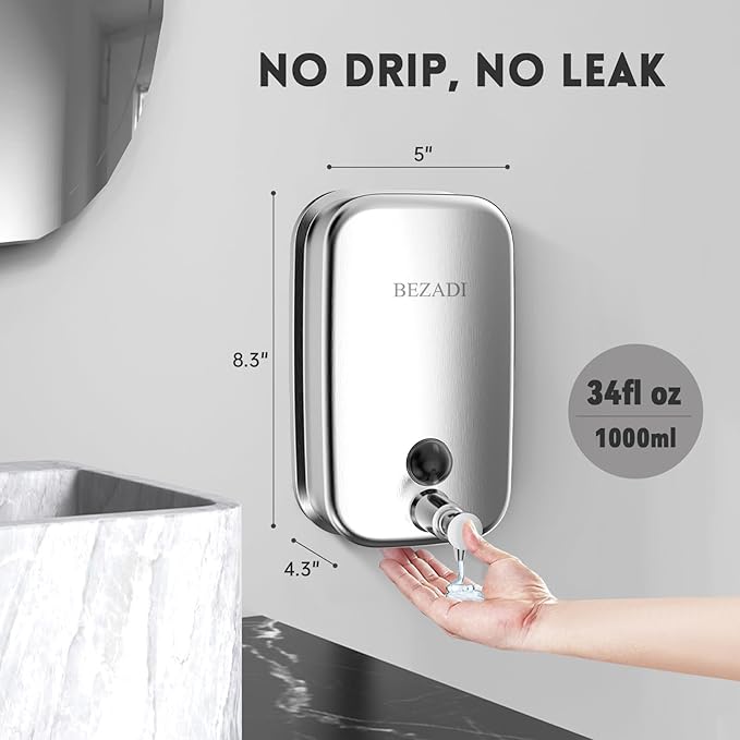 Stainless Steel Hand Soap Dispenser for Bathroom Kitchen 35fl oz/1000ml Wall Mount Liquid Soap Dispensers 8183