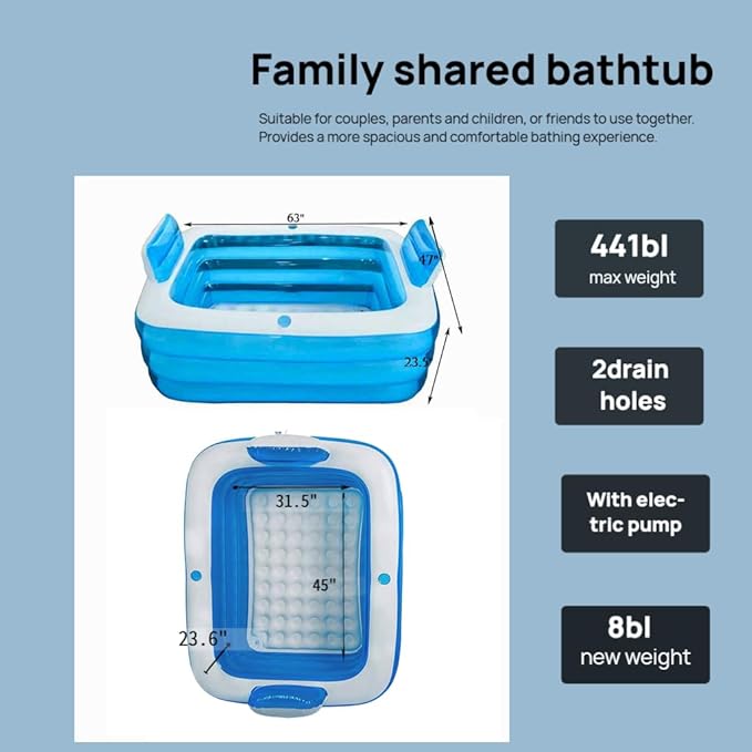 Double Inflatable Bathtub with Electric Air Pump and Bath Pillow Headrest, Portable Blow Up Bath Tub for Adults, Outdoor & Indoor Freestanding Foldable Spa Tub with Drainage Cup Holder