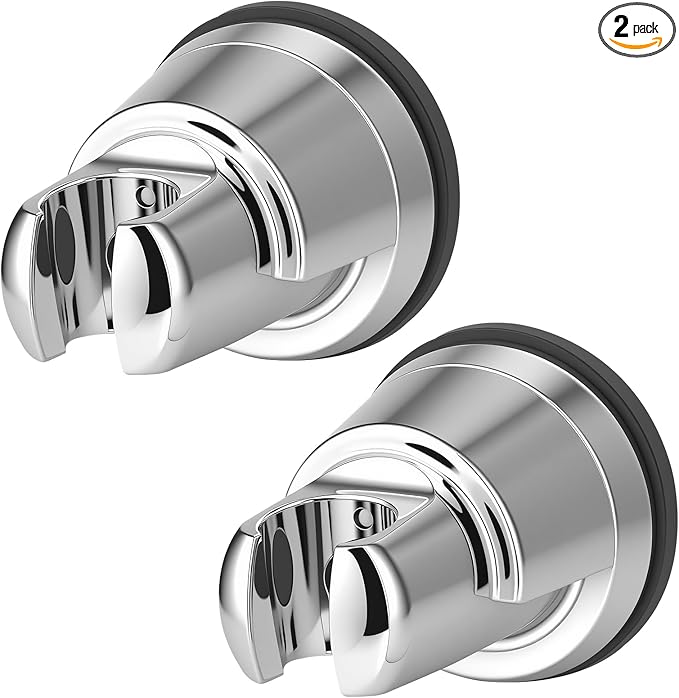 Hibbent 2 Pack Vacuum Suction Cup Shower Head Mount, Removable Shower Head Bracket, Height Adjustable Shower Wand Holder & Wall Mount ABS Plastic Suction Holder for Handheld Showerhead, Chrome