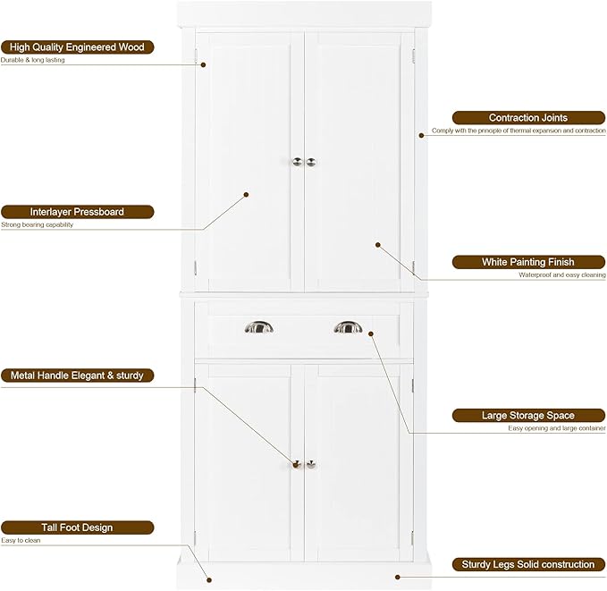 VINGLI 71-Inch White Storage Cabinets with Drawers, Freestanding Pantry Cabinets with Doors and Shelves Adjustable, Wood Farmhouse Kitchen Pantry Cupboard
