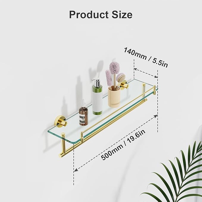 Towel Rack with Tempered Glass Shelf for Bathroom 20 Inch, Brushed Gold Floating Wall Mount Storage