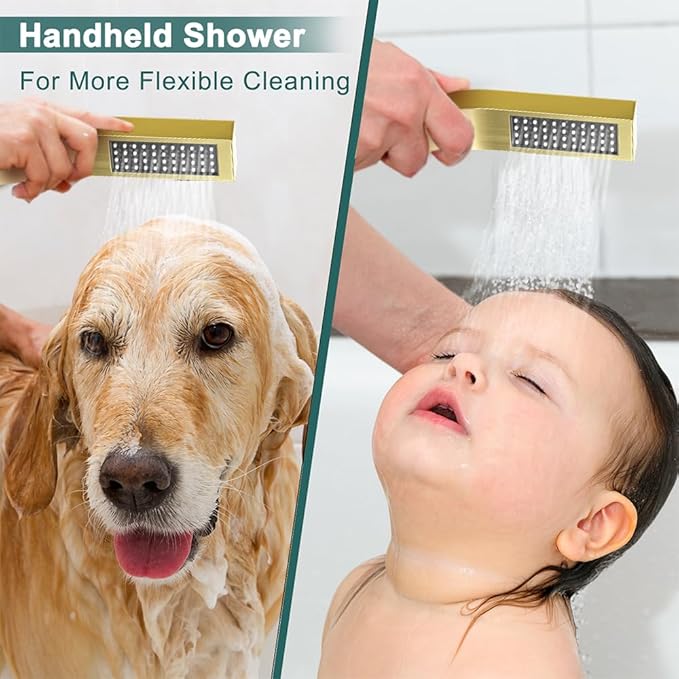 Shower Faucet Set Brushed Gold Shower System, Starbath 10" Rain Shower Head and Handheld Spray Shower Set Complete Wall Mounted,2 Way Pressure Balance Shower Valve and Trim Kit Included