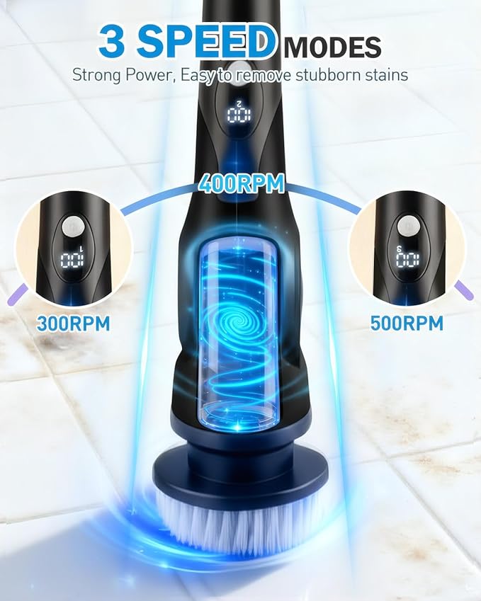 Electric Spin Scrubber, 3-Speed Cordless Shower Scrubber with 90° Adjustable & 10 Replaceable Brush Heads, 90 Mins Runtime & Full-Body IPX7 Waterproof Shower Cleaner Brush with Long Handle