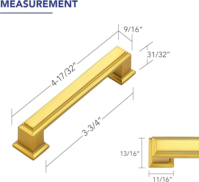 Ravinte Hardware 5 Pack Brushed Brass Cabinet Pulls, 3-3/4 Inch (96mm) Hole Center Zinc Alloy Drawer Handles for Kitchen Cabinets, Cupboards, Dressers, Square Solid Metal Hardware