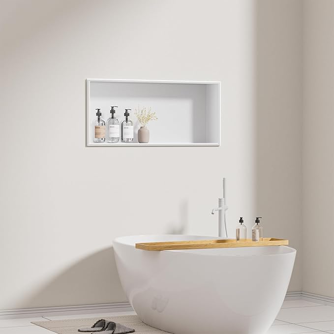 No Tile Needed Shower Niche - 12"x24" White 304 Stainless Steel Recessed Shelf,Over Mount Installation for Bathroom & Shower Wall,Waterproof