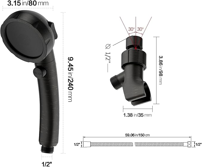 KAIYING High Pressure Oil-Rubbed Bronze Handheld Shower Head with ON/OFF Switch, 3 Spray Modes, Adjustable Angle Bracket, and Hose