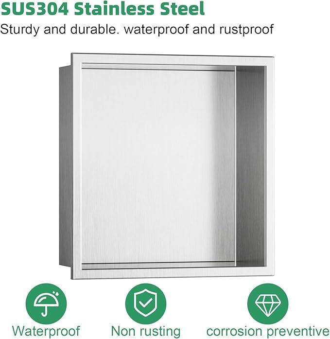 SaniteModar Shower Niche, Stainless Steel Shower Niche 12" X 12" No Tile Needed, Recessed for Bathroom Storage, Brushed Silver (Brushed Silver, 12x12)