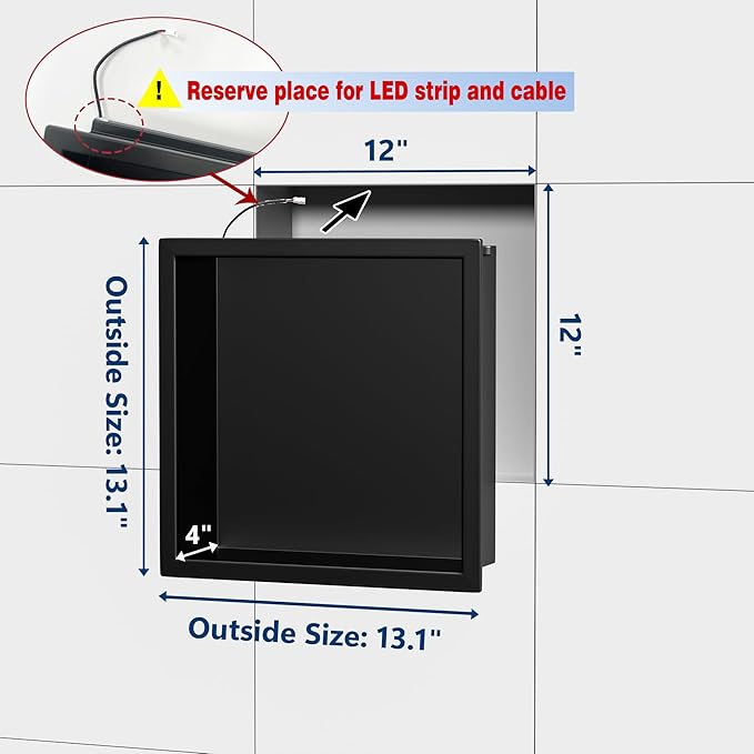 RGB LED Light Shower Niche, Matte Black 12X12 in Stainless Steel Recessed Storage with Remote Control, Waterproof No Tile Needed Wall Niche for Bathroom Storage Built-in Installation