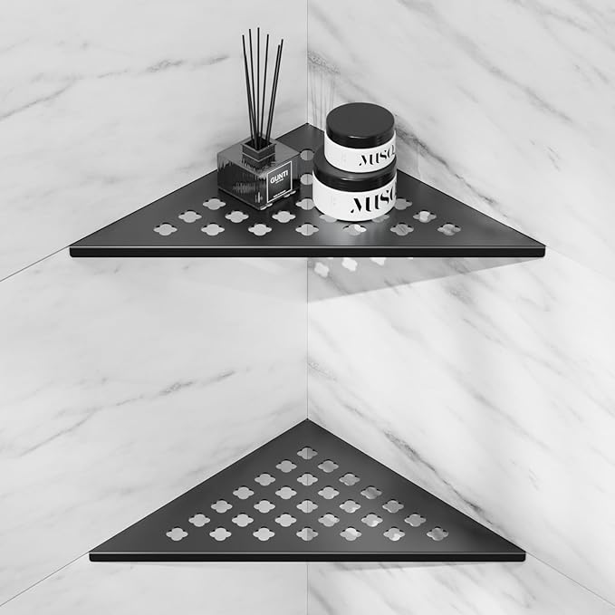 lives Shower Corner Shelf 10" Slot Design Corner Shelves for Inside Shower, 304 Stainless Steel Recessed Bathroom Shelves for Tiled Wall, Black 2 Pack (Floral)