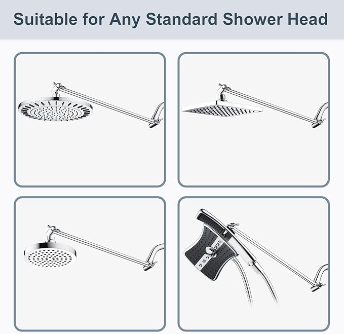 BRIGHT SHOWERS 15 Inch Extra Long Shower Head Extension Arm, Solid Brass Shower Arm Extender with Locking Screw for Rain and Handheld Showerhead, Height & Angle Adjustable, Chrome