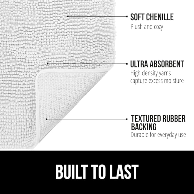GORILLA GRIP Bath Rug Mat 48x24, Thick Soft Absorbent Chenille, Quick Dry Microfiber Mats, Rubber Backing Washable Shower Floor Rugs, Bathmat Runner, US Designed Bathroom Home Decor Accessories White