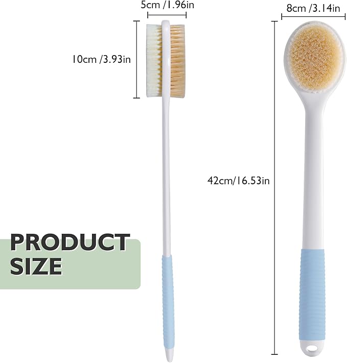 VANZAVANZU 17 Inch Anti-Slip Long Handle Back Scrubber for Shower – Dual-Sided Shower Brush and Shower Back Scrubber with Soft and Stiff Bristles for Wet or Dry Brushing (Blue)
