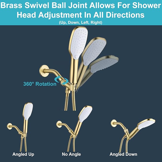 Shower Head Holder All Metal Adjustable Handheld Shower Arm Mount, 1/2" Shower Hose Holder Fits Most Hand Showerheads, Brass Hand Held Shower Head Holder , Easy to Install(Brushed Gold)