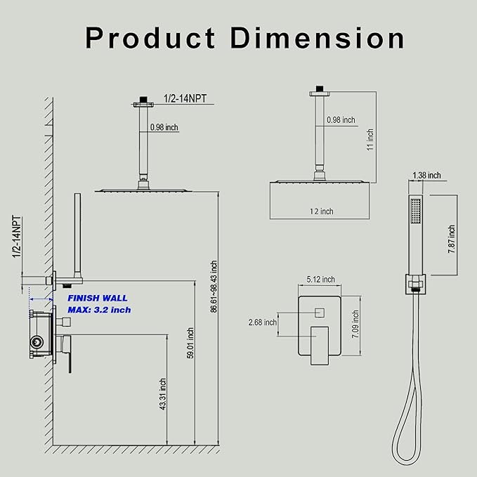 Ceiling Mount Shower System, Black Shower Faucet Set with 12-Inch Rain Showerhead and Handheld Spray Combo, High-Pressure Showerheads Set with Valve and Trim Kit, Matte Black