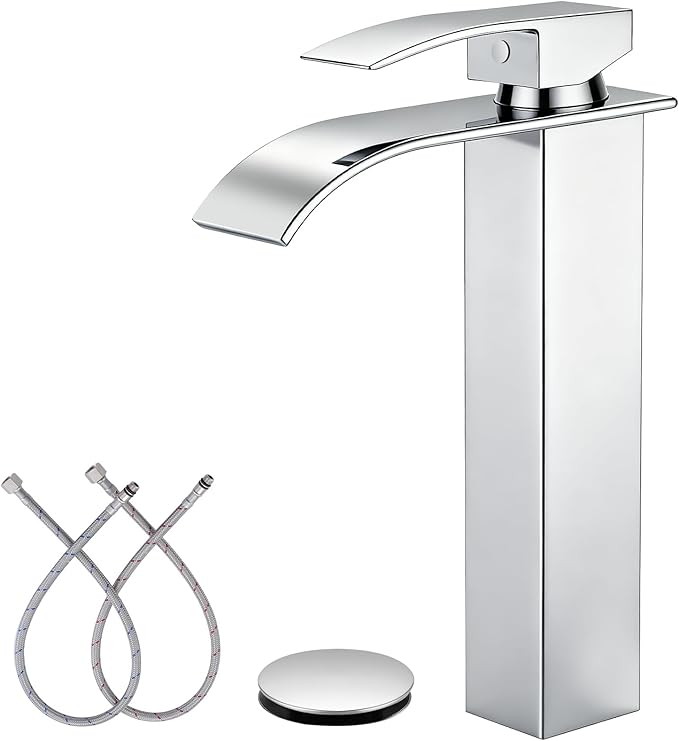 LIFG Chrome Vessel Sink Faucet, Tall Waterfall Bathroom Faucet, Single Handle One Hole Mixer Bowl Tap with Large Rectangular Spout, Bar Sink Faucet Lavatory Vanity