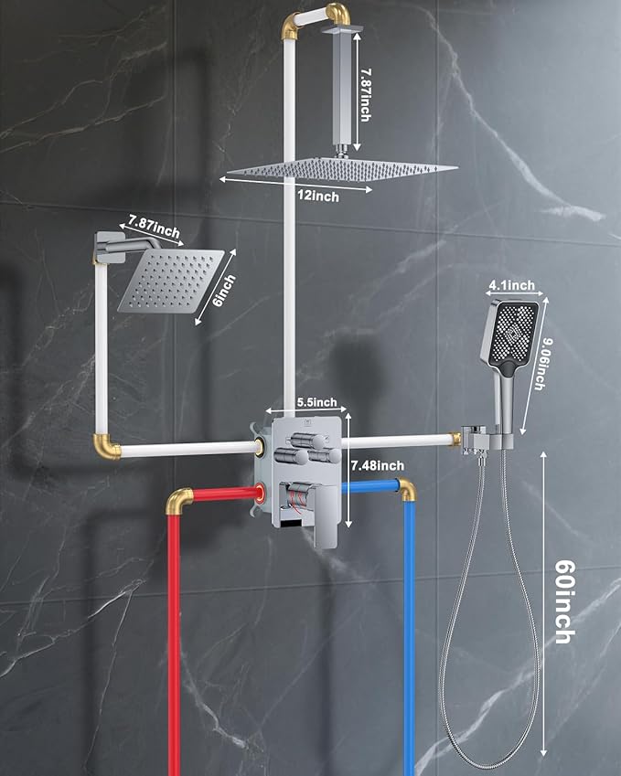Shower System with Pressure Balance Valve, 12" Ceiling Mount Shower Faucet Set with 2 Rain Shower Head And Multi-function Handheld Head Push Button Diverter Pressure Balancing Valve Kit,Chrome