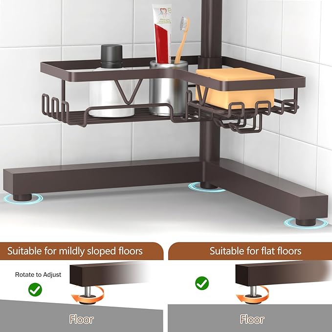 KEGII Floor Corner Shower Caddy Standing, Rustproof 4-Tier Shower Shelf Organizer with Hooks & Soap Holder, Free-Standing Bathroom Storage Rack for Shampoo & Toiletries, Bronze