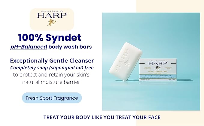 HARP pH-Balanced (5.0-6.0) Body Wash Bar. 100% Syndet. Protects Moisture Barrier For Sensitive, Dry or Irritated skin. + Shea Butter/Borage Oil. Non-Comedogenic. FRESH SPORT FRAGRANCE