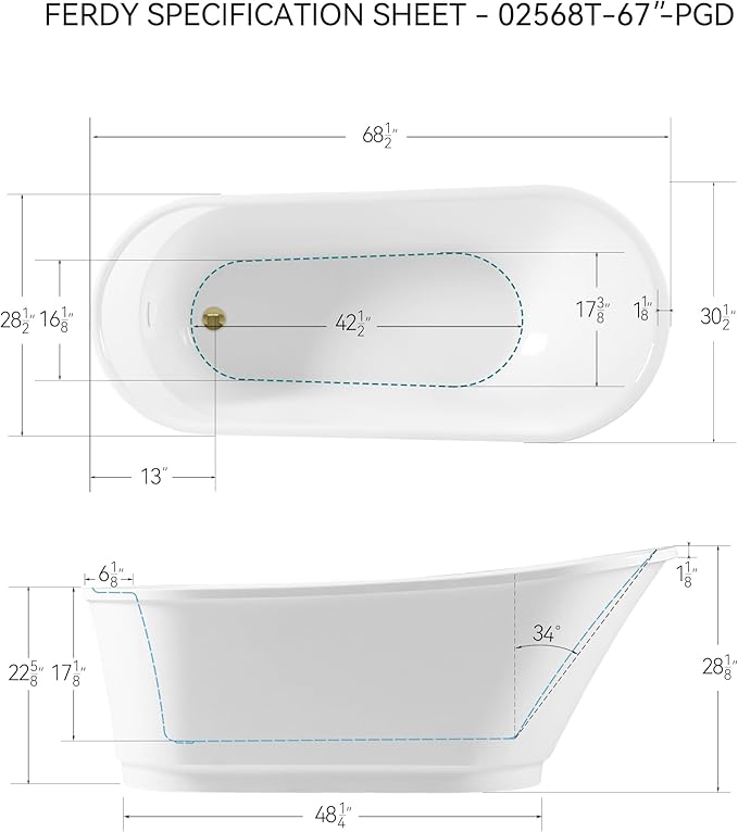 FerdY Langkawi 67" Acrylic Freestanding Bathtub, White Modern Stand Alone Soaking Bathtub, cUPC Certified, Polished Gold Drain and Minimalist Linear Design Overflow Included, Easy to Install, 02568T