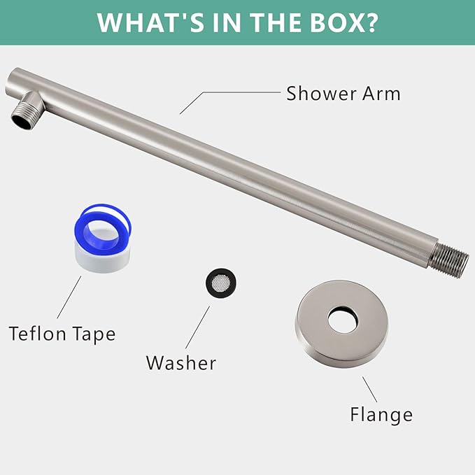 Voolan 15" Round Shower Arm with Flange and Teflon Tape, Extension Shower Head Arm for Bathroom Fixed Shower Head, Solid Stainless Steel, Wall Mounted (Brushed Nickel)