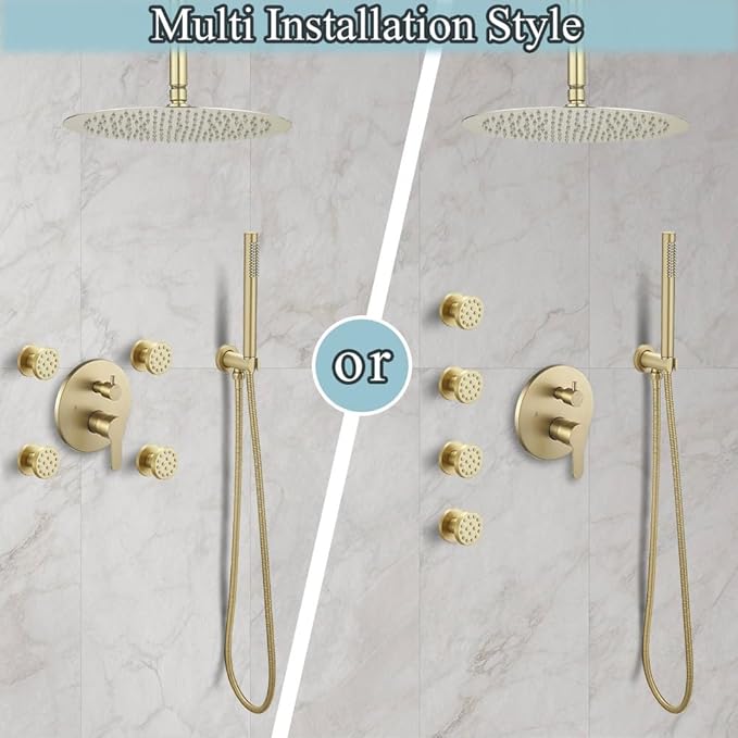Brushed Gold Round Shower Faucet Set with Body Jets 16 Inch Shower Head Handheld Shower Combo Set High Pressure Ceiling Mount with Rough-in Valve