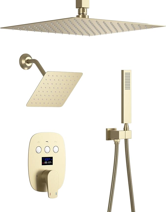 Temperature Display Brushed Gold Shower System Set, Push Button Shower Faucet with 2 Rainfall Shower Head(12+8 inch), with Handheld Shower