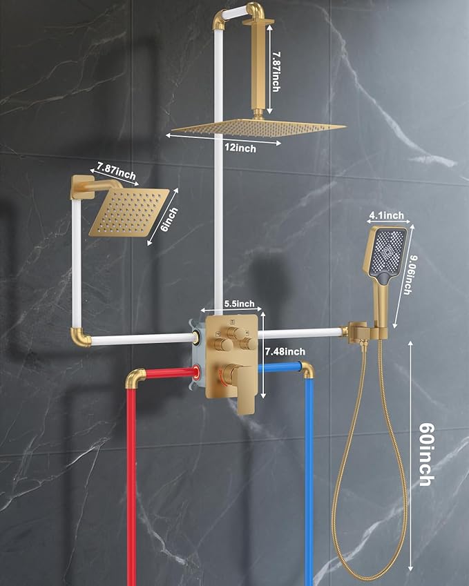 Shower System with Pressure Balance Valve, 12" Ceiling Mount Shower Faucet Set with 2 Rain Shower Head And Multi-function Handheld Head Push Button Diverter Pressure Balancing Valve Kit, Brushed Gold