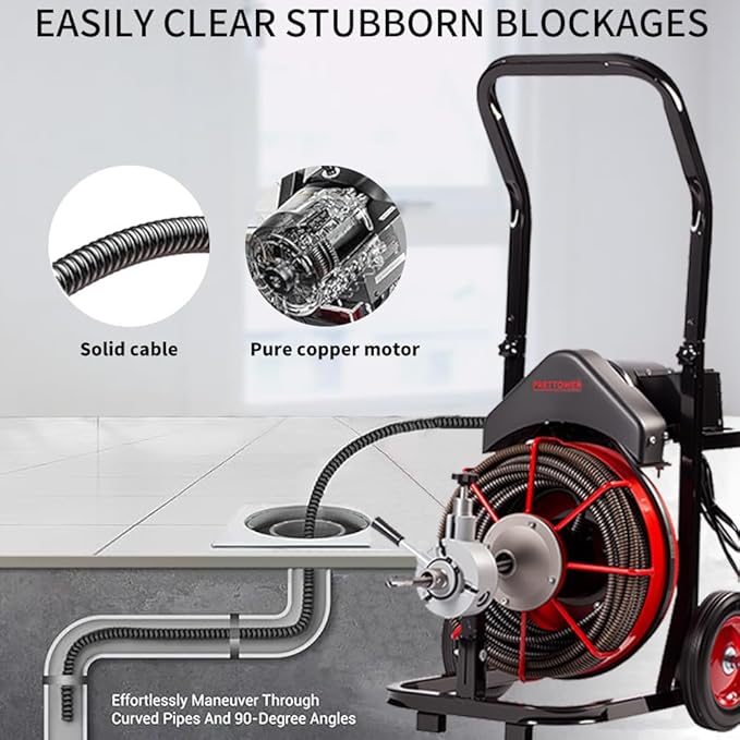 100FT x 1/2 inch Electric Drain Washer, Sewer Spiral Automatic Feed Portable Sewer Snake, Automatic Feed Drain Snake Drill on Wheels with 5 Knives and Air Activated Foot Switch for 4 "to 8" Pipe