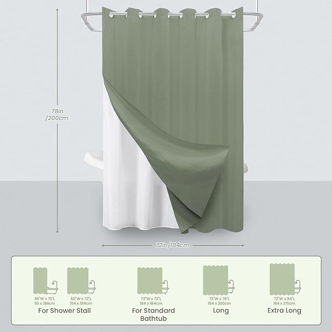Inhousolu No Hook Waffle Weave Shower Curtain with Removable Snap in Fabric Liner Set for Bathroom, 230 GSM Heavy Duty Weighted Hem, Water Repellent Washable Bath Curtains, 72 x 78 Inch, Sage Green