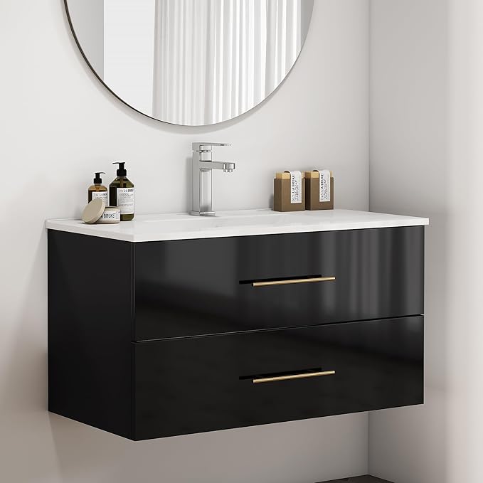 36" Wall Mounted Bathroom Vanity with Sink, High Gloss Black Floating Cabinet, Modern Gold Handles, 2 Soft Close Drawers, Integrated Ceramic Top for Powder Room