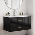 36" Wall Mounted Bathroom Vanity with Sink, High Gloss Black Floating Cabinet, Modern Gold Handles, 2 Soft Close Drawers, Integrated Ceramic Top for Powder Room