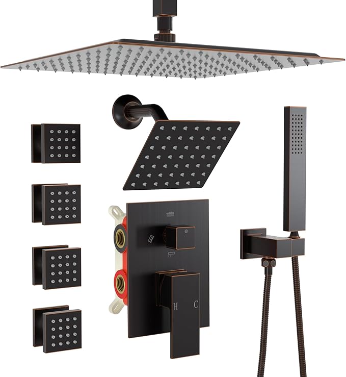 Enga Dual Shower Head Shower System with Body Jets, 12" Ceiling Mounted Rain Shower Head & 6" Wall Mounted Head Full Body Rainfall Shower Faucet with Valve Kit, Oil Rubbed Bronze