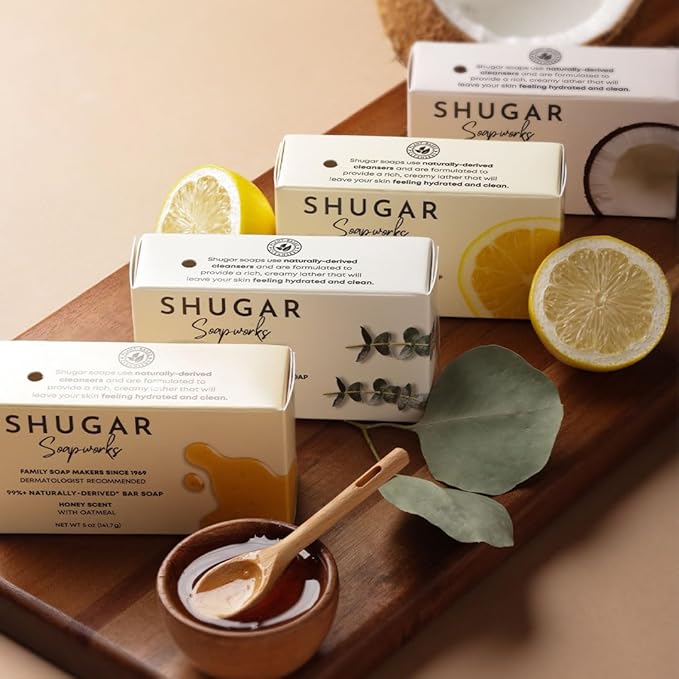 Shugar Soapworks Oatmeal & Eucalyptus 5 oz Beauty Bar Soap 8-Pack | Plant-Based Formula | Sulfate & Paraben Free | Moisturizing Gentle Cleanser for Sensitive Skin, Body & Hands