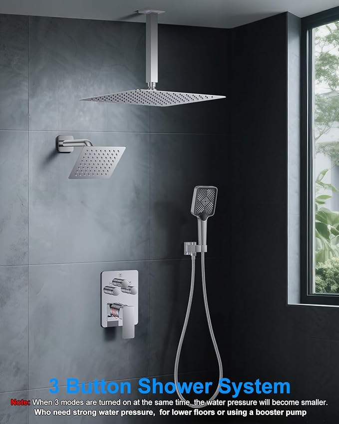 Shower System with Pressure Balance Valve, 12" Ceiling Mount Shower Faucet Set with 2 Rain Shower Head And Multi-function Handheld Head Push Button Diverter Pressure Balancing Valve Kit,Chrome