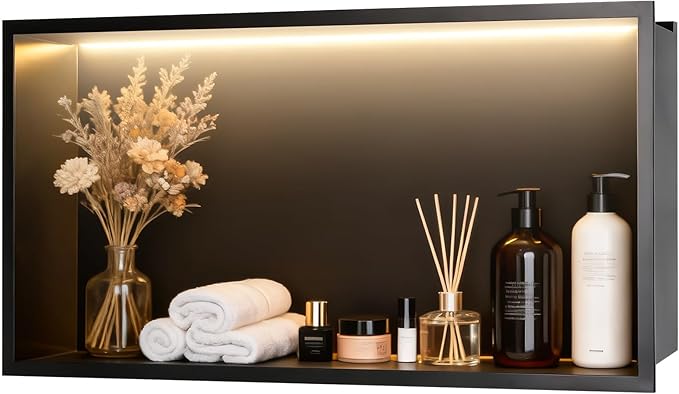 WICHEMI Stainless Steel Shower Niche 24" X 12", No Tile Needed Wall Niche with LED Light, Recessed Shower Shelf for Bathroom Storage Over Mount Installation, Matte Black