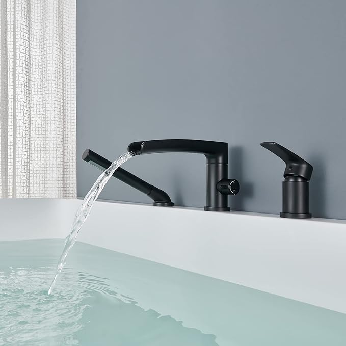 Waterfall Roman Tub Faucet Black Deck Mount Bathtub Faucets Brass Tub Filler Bathroom Faucets with Hand Shower