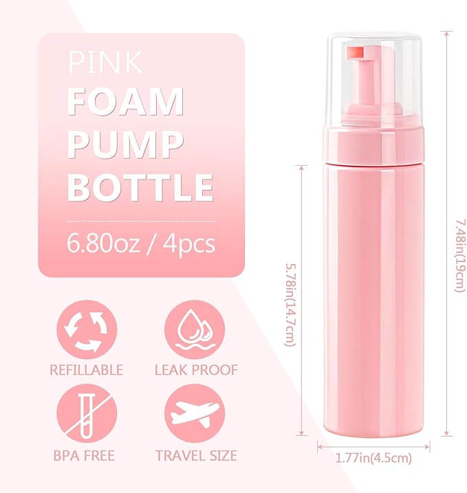 Foam Pump Bottle 6.8oz/200ml Pink Empty Foam Bottle Pump, Travel Foam Bottle for Soap, Shampoo, Cleaning Foam Dispenser Bottle Refillable (4 Pack)