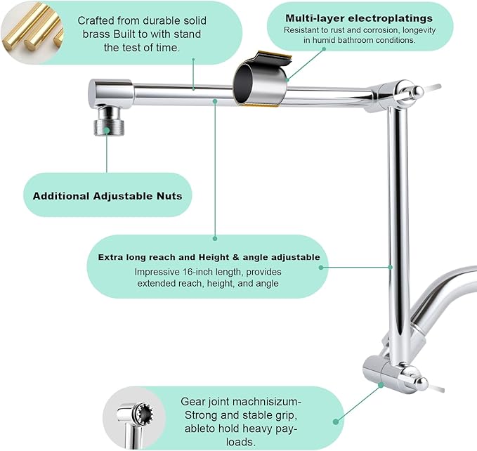 Shower Head Extension Arm, 16 Inch Solid Brass Adjustable Extender with Lock Joint, Height & Angle Adjustable Shower Arm for Rainfall or Fixed Shower Head, G1/2 Connector (Chrome)