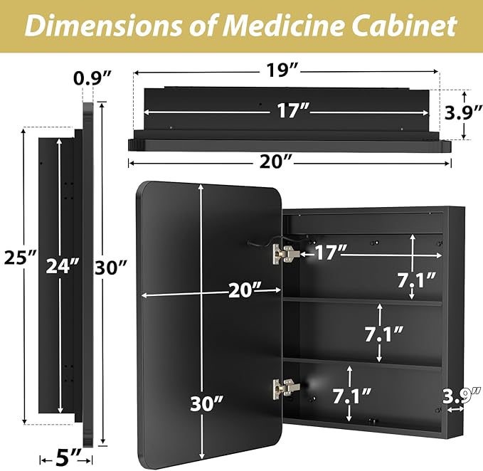 APRILSOUL 20X30 Inch Black Bathroom Medicine Cabinet with Mirror, Recessed or Surface Lighted Medicine Cabinet with 3 Colors Temperature, Dimmable Light