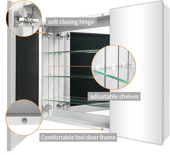 Aluminum Bathroom Medicine Cabinet with Mirror Door, 30"×26" Wall-mountable and Recessed-in Mirror Cabine, Bathroom Mirror Cabinet, 2 Doors Medicine Cabinet Organizer