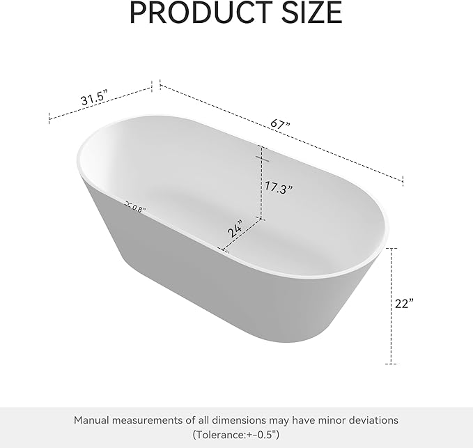 67" Premium Solid Surface Freestanding Bathtub, Upgraded Oval Stone Resin Soaking Tub with Overflow and Pop-up Drain, Matte White