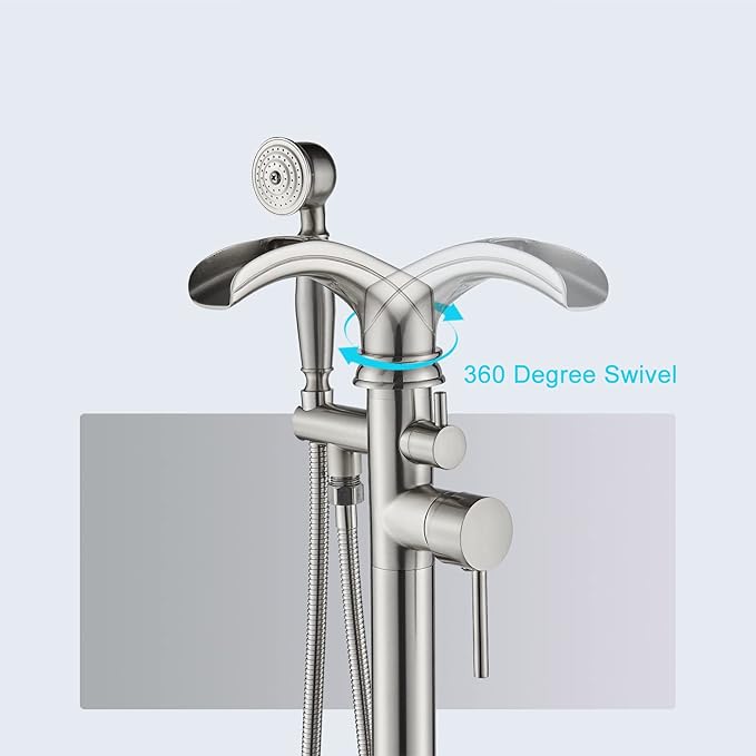 Senlesen Brushed Nickel Bathroom Single Handle Freestanding Bathtub Faucet Floor Mounted Waterfall Tub Filler with Hand Shower Set