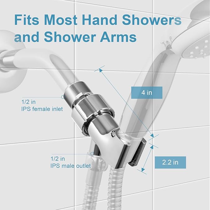 OFFO Shower Head Holder with Solid Metal Ball Joint for Handheld Shower Head, Adjustable Shower Arm Mount for Connecting Shower Arm and Shower Hose, 1/2 in IPS Female Inlet and Male Outlet, Chrome
