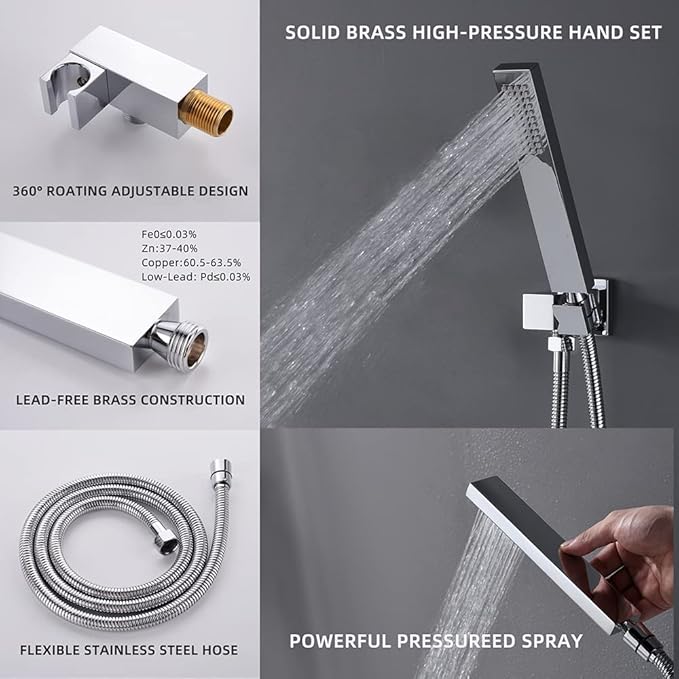 Thermostatic Shower System Chrome Shower Faucet Set 4 Way Bathtub Shower System with 12 inch LED Shower Head,6 PCS Body Jets,Tub Spout,Handheld Shower Head
