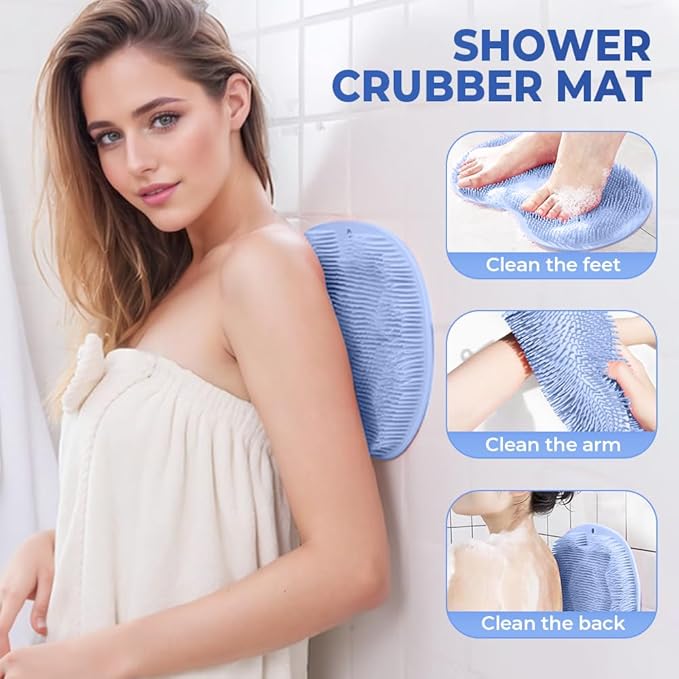 Shower Foot Scrubber Mat with Non-Slip Suction Cups, Non Slip Bathtub and Shower Mat with Suction Cups and Drain Holes, Foot Back Cleaning Pad Back Washer Exfoliating Bath Wash Pad (Blue)