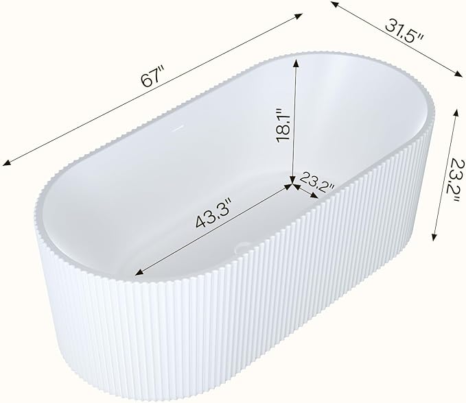 Acrylic Freestanding Bathtub, Deep Soaking Stripe Tub with Drain, Solid Surface Stand Alone Bath, Contemporary Indoor Bathroom Spa Tub for Adults, Large Foot Soak, White