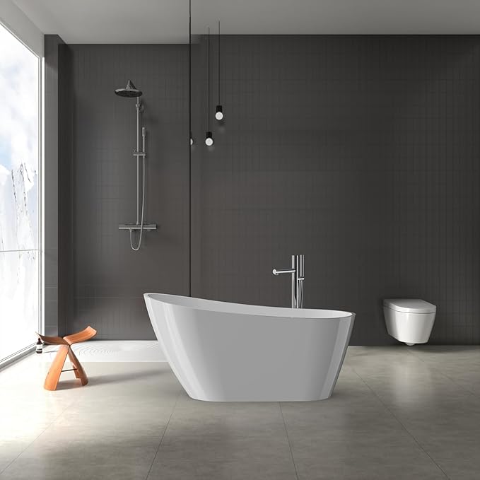 59" Free Standing Tub, Acrylic Freestanding Bathtub, Modern Soaking Tub with Integrated Overflow and Drain, White Bathroom Fixture, Stand Alone Bathtub, CUPC Certified