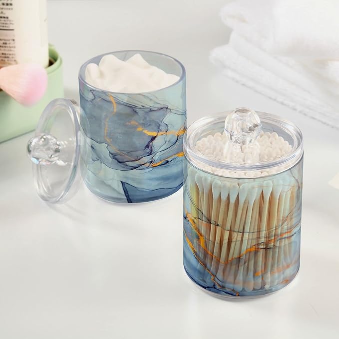 MNSRUU 4 Pack Qtip Holder Organizer Dispenser Teal Blue Marble Bathroom Containers Bathroom Vanity Storage Canister Apothecary Jars for Cotton Swabs/Pads/Floss
